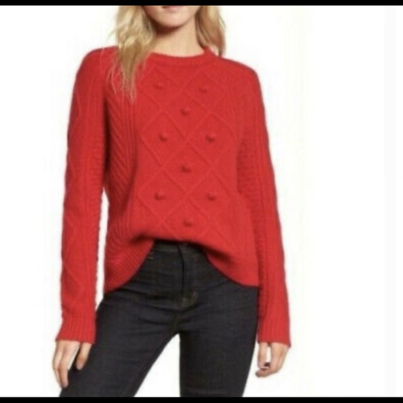 J Crew Red Wool Popcorn Knit Pom Pom Sweater XXS - Picture 8 of 8